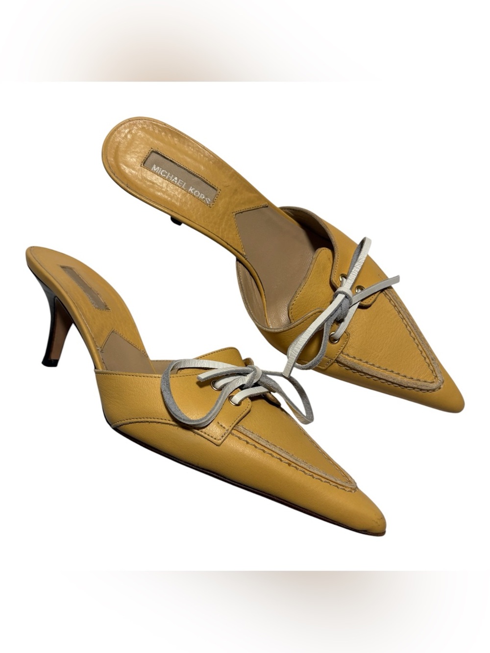 Michael Kors Yellow Leather Pointed-Toe Lace-Accent Mules